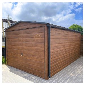 Blechgarage, Satteldach, Schwingtor, holzoptik, Dachrinne, Horizontalblech