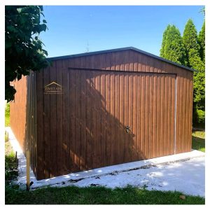Blechgarage, Satteldach, Schwingtor, holzoptik, Vertikalblech