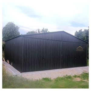 Blechgarage, Satteldach, Schwingtoren, Vertikalblech, Holzoptik, Graphit