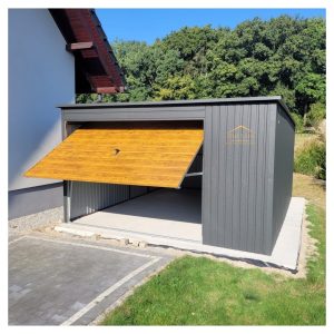 Blechgarage, Pultdach, Schwingtor, holzoptik, Horizontalblech und Vertikalblech, Anthrazit