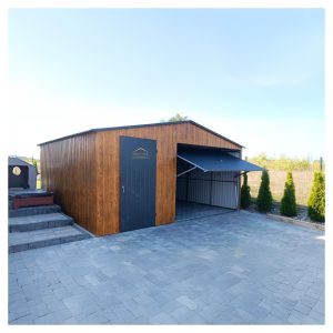Satteldach, holzoptik, Anthrazit, Schwingtor, Türe, Abstellraum, Blechgarage