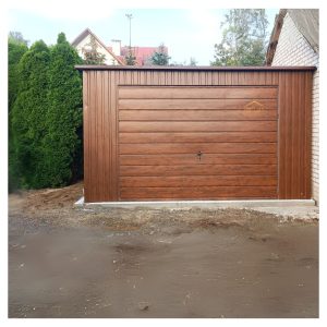 Blechgarage, Pultdach, Schwingtoren, holzoptik, Vertikalblech und Horizontalblech