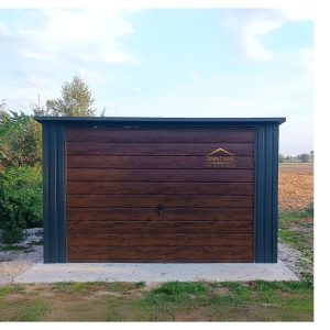 Blechgarage, Pultdach, Schwingtoren, holzoptik, Anthrazit, Vertikalblech und Horizontalblech