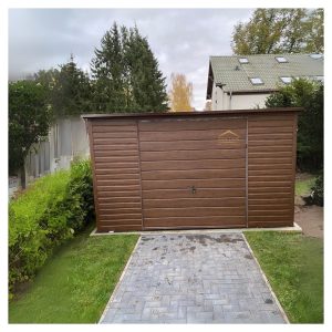 Blechgarage, Pultdach, Schwingtor, holzoptik, Horizontalblech,