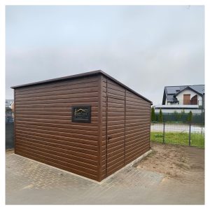 Blechgarage, Pultdach, Türe, holzoptik, Horizontalblech, Kippfenster