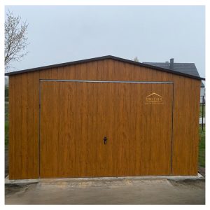 Blechgarage, Satteldach, Schwingtor, holzoptik, Vertikalblech