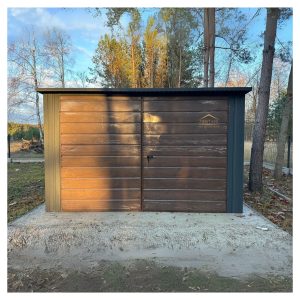 Blechgarage, Pultdach, Doppelflügeltor, holzoptik, Anthrazit, Horizontalblech und Vertikalblech