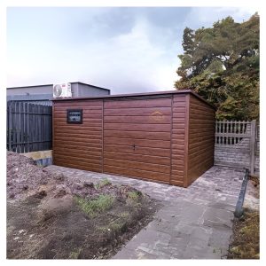 Blechgarage, Pultdach, Schwingtor, holzoptik, Horizontalblech, Kippfenster