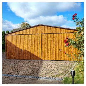 Blechgarage, Satteldach, Schwingtoren, holzoptik, Vertikalblech