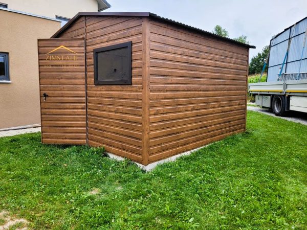 Blechgartenhaus 3,50 m x 3,00 m in der Farbe Holzoptik dunkle Walnuss mit Doppelflügeltor, Satteldach – Bild 3