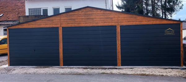 Blechgarage 9m x 5m in der Farbe Holzoptik goldene Eiche und Anthrazit (BTX 7016) mit Schwingtoren, Satteldach – Bild 3