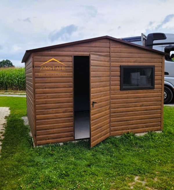 Blechgartenhaus 3,50 m x 3,00 m in der Farbe Holzoptik dunkle Walnuss mit Doppelflügeltor, Satteldach – Bild 4