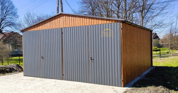 Blechgarage 6m x 6m in der Farbe Holzoptik goldene Eiche und Anthrazit (BTX 7016) mit Doppelflügeltoren, Satteldach – Bild 3
