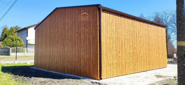Blechgarage 6m x 6m in der Farbe Holzoptik goldene Eiche und Anthrazit (BTX 7016) mit Doppelflügeltoren, Satteldach – Bild 4