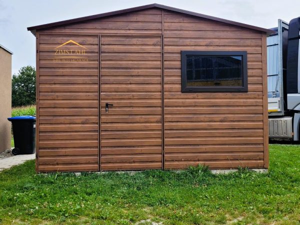 Blechgartenhaus 3,50 m x 3,00 m in der Farbe Holzoptik dunkle Walnuss mit Doppelflügeltor, Satteldach – Bild 2
