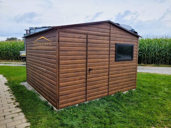 Blechgartenhaus 3,50 m x 3,00 m in der Farbe Holzoptik dunkle Walnuss mit Doppelflügeltor, Satteldach – Bild 6