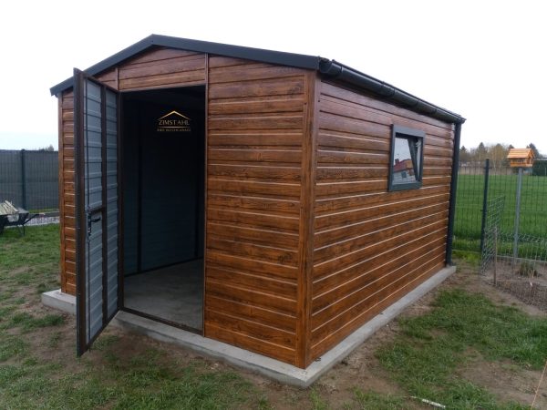 Blechgartenhaus 3m x 3,50m in der Farbe Holzoptik goldene Eiche und Anthrazit (BTX 7016) mit Türe, Satteldach – Bild 3