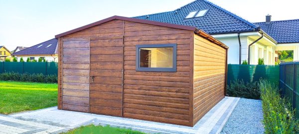 Blechgartenhaus 4m x 3m  in der Farbe Holzoptik goldene Eiche mit Doppelflügeltor, Satteldach – Bild 2