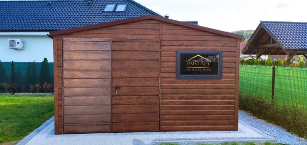 Blechgartenhaus 4m x 3m  in der Farbe Holzoptik goldene Eiche mit Doppelflügeltor, Satteldach – Bild 3