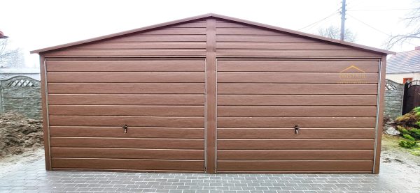 Blechgarage 6m x 5m in der Farbe Holzoptik dunkle Walnuss mit Schwingtoren, Satteldach – Bild 3