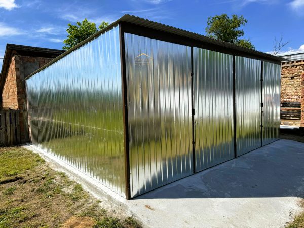 Blechgarage 6m x 5m in der Farbe Verzinkt mit Doppelflügeltoren, Pultdach mit Neigung nach hinten – Bild 3