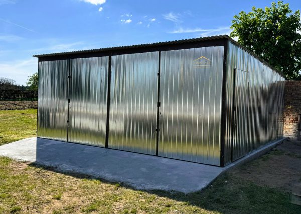 Blechgarage 6m x 5m in der Farbe Verzinkt mit Doppelflügeltoren, Pultdach mit Neigung nach hinten – Bild 4