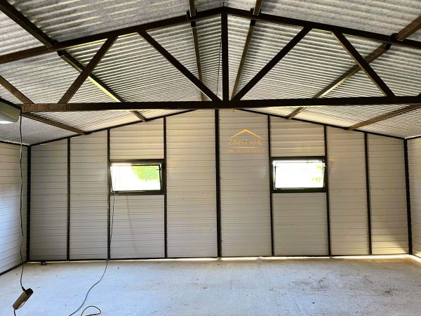 Blechgarage 7m x 6m in der Farbe Holzoptik dunkle Walnuss mit Schwingtoren, Satteldach – Bild 6