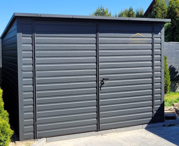 Blechgartenhaus 3,5m x 3,5m in der Farbe Anthrazit (BTX 7016), Pultdach mit Neigung nach hinten – Bild 2