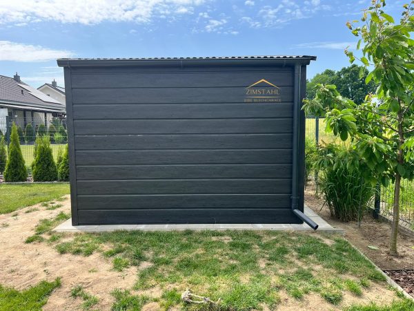 Blechgartenhaus 3m x 3m in der Farbe Holzoptik Graphit mit Türe, Satteldach – Bild 6