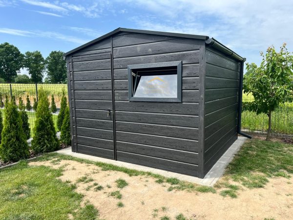 Blechgartenhaus 3m x 3m in der Farbe Holzoptik Graphit mit Türe, Satteldach – Bild 2
