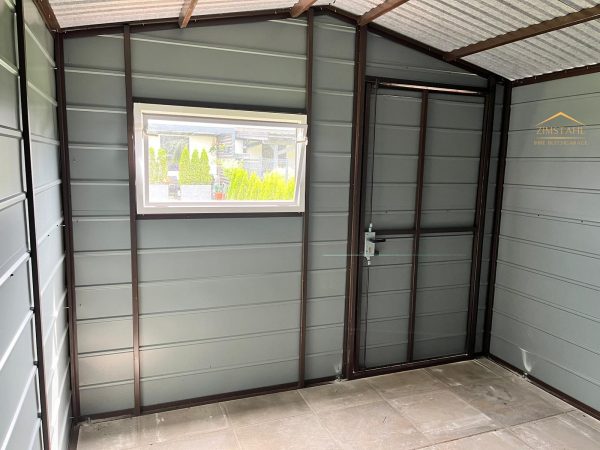 Blechgartenhaus 3m x 3m in der Farbe Holzoptik Graphit mit Türe, Satteldach – Bild 5