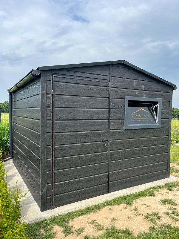 Blechgartenhaus 3m x 3m in der Farbe Holzoptik Graphit mit Türe, Satteldach – Bild 3