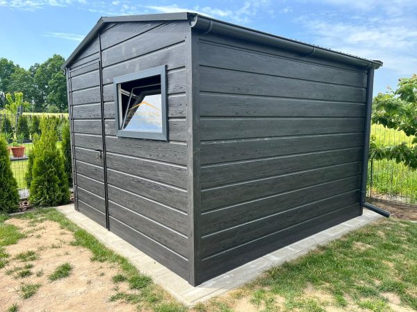 Blechgartenhaus 3m x 3m in der Farbe Holzoptik Graphit mit Türe, Satteldach – Bild 4