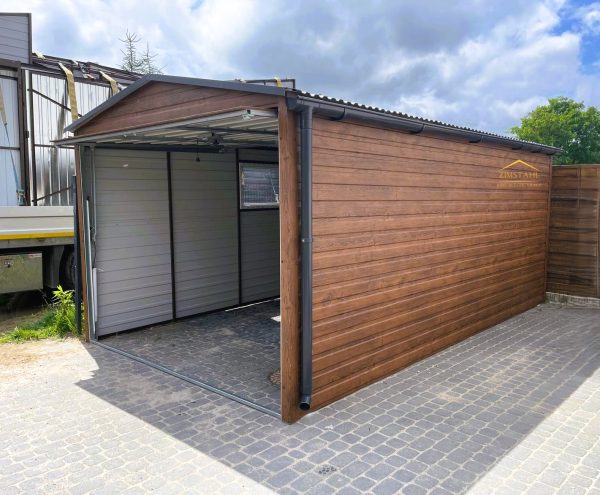 Blechgarage 3m x 5m in der Farbe Holzoptik dunkle Walnuss mit Schwingtor, Satteldach – Bild 4