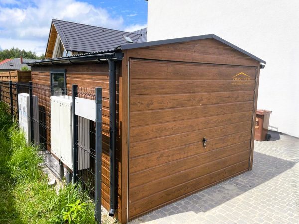 Blechgarage 3m x 5m in der Farbe Holzoptik dunkle Walnuss mit Schwingtor, Satteldach – Bild 2