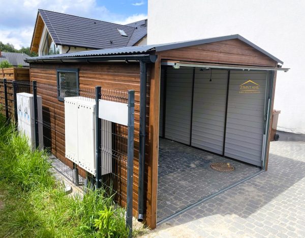 Blechgarage 3m x 5m in der Farbe Holzoptik dunkle Walnuss mit Schwingtor, Satteldach – Bild 6
