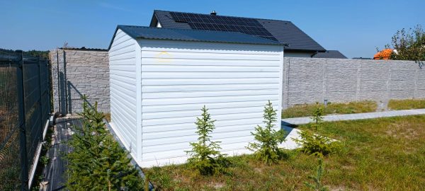 Blechgartenhaus 4m x 3m in der Farbe Reinweiß (RAL 9010) und Anthrazit (BTX 7016) mit Türe, Satteldach – Bild 3