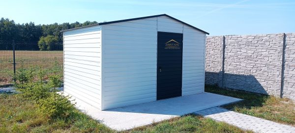 Blechgartenhaus 4m x 3m in der Farbe Reinweiß (RAL 9010) und Anthrazit (BTX 7016) mit Türe, Satteldach – Bild 4