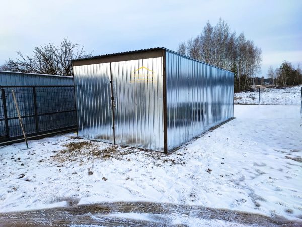 Blechgarage 3m x 5m  in der Farbe Verzinkt, Doppelflügeltor, Pultdach mit Neigung nach hinten – Bild 5