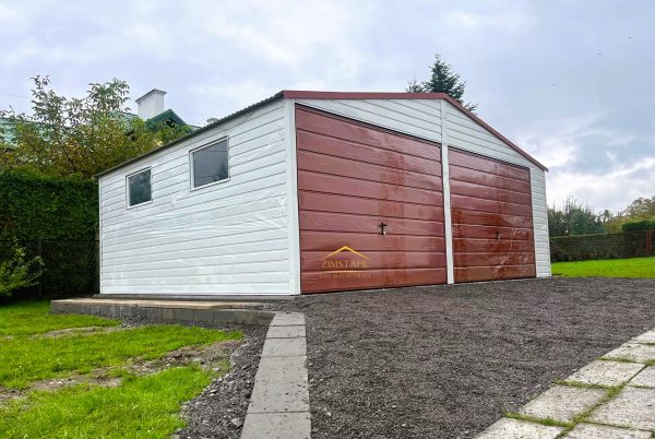Blechgarage 6,50m x 6m in der Farbe Reinweiß (RAL 9010) und Kupferbraun (BTX 8004)  mit Schwingtoren, Satteldach – Bild 2