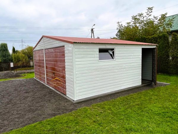 Blechgarage 6,50m x 6m in der Farbe Reinweiß (RAL 9010) und Kupferbraun (BTX 8004)  mit Schwingtoren, Satteldach – Bild 4