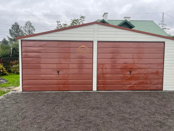 Blechgarage 6,50m x 6m in der Farbe Reinweiß (RAL 9010) und Kupferbraun (BTX 8004)  mit Schwingtoren, Satteldach – Bild 5