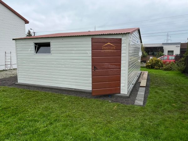 Blechgarage 6,50m x 6m in der Farbe Reinweiß (RAL 9010) und Kupferbraun (BTX 8004)  mit Schwingtoren, Satteldach – Bild 6
