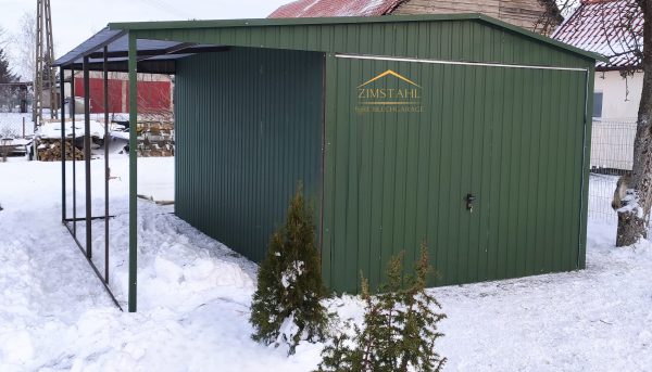 Blechgarage 3m x 5m in der Farbe Militärgrün (BTX 6020) mit Schwingtor und Überdachung 1,50m x 5m, Satteldach – Bild 3