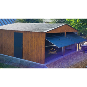 Blechgarage 6m x 5m in der Farbe Holzoptik goldene Eiche und Anthrazit (BTX 7016) mit Schwingtoren, Satteldach