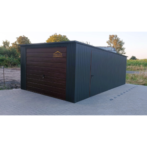 Blechgarage 3,50m x 6m in der Farbe Anthrazit (BTX 7016) und Schwingtor Holzoptik, Pultdach mit Neigung nach hinten