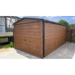 Blechgarage 3m x 5m in der Farbe Holzoptik dunkle Walnuss mit Schwingtor, Satteldach