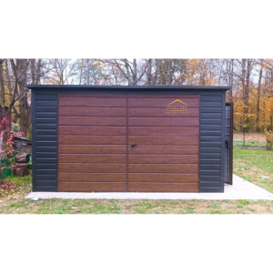 Blechgarage 3,50m x 5m in der Farbe Anthrazit (BTX 7016) und Holzoptik Doppelflügeltor mit Überdachung 3,50m x 1m,  Pultdach mit Neigung nach hinten