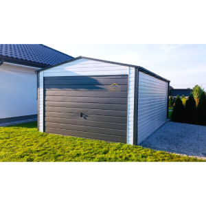 Blechgarage 3,5m x 5m in der Farbe Reinweiß (RAL 9010) und Anthrazit (BTX 7016) mit Schwingtor, Satteldach