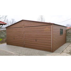 Blechgarage 6m x 5m in der Farbe Holzoptik dunkle Walnuss mit Schwingtoren, Satteldach